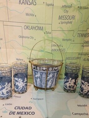 Vintage Weedgwood Portland Blue Style Ice Bucket With Glasses Set